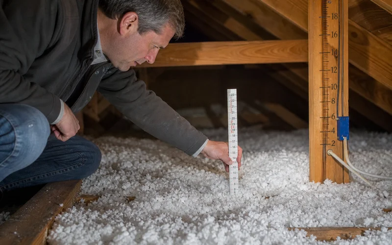 Attic insulation depth check with measuring tool in a Connecticut home