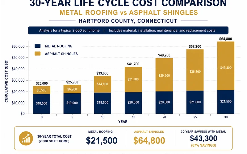 Cost comparison chart: 30-year life-cycle metal vs asphalt for a Hartford County home