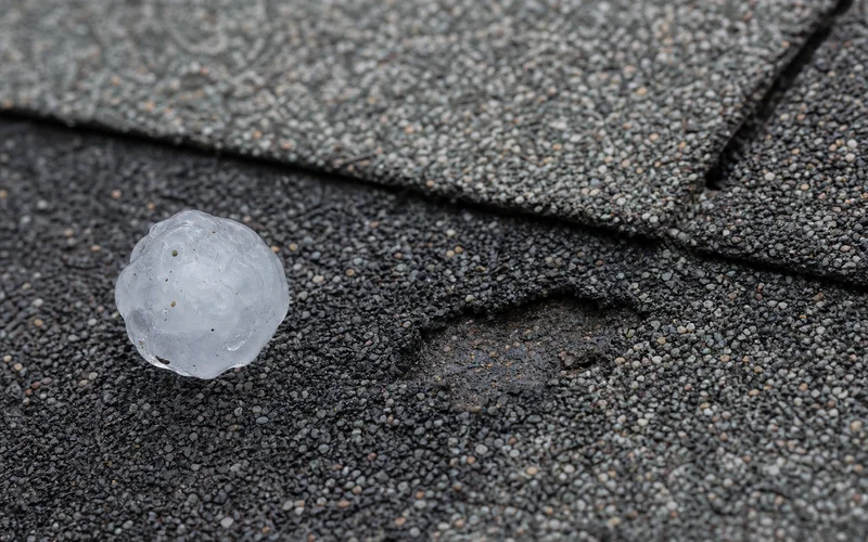 Hailstone next to shingle damage scale reference on Connecticut roof
