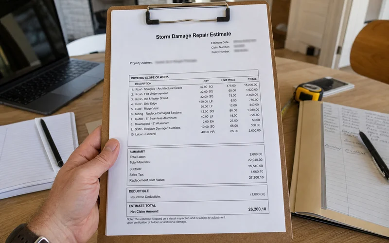 Itemized repair estimate document showing insurance deductible line