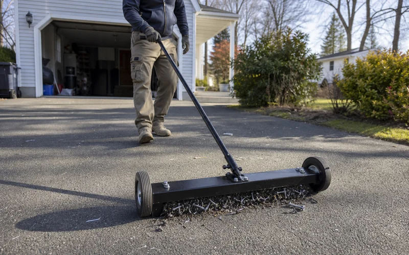 Magnetic sweep across a Hartford County driveway after a completed roof job