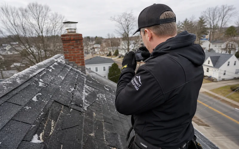 Post-Nor'easter roof inspection: roofer documenting damage with camera