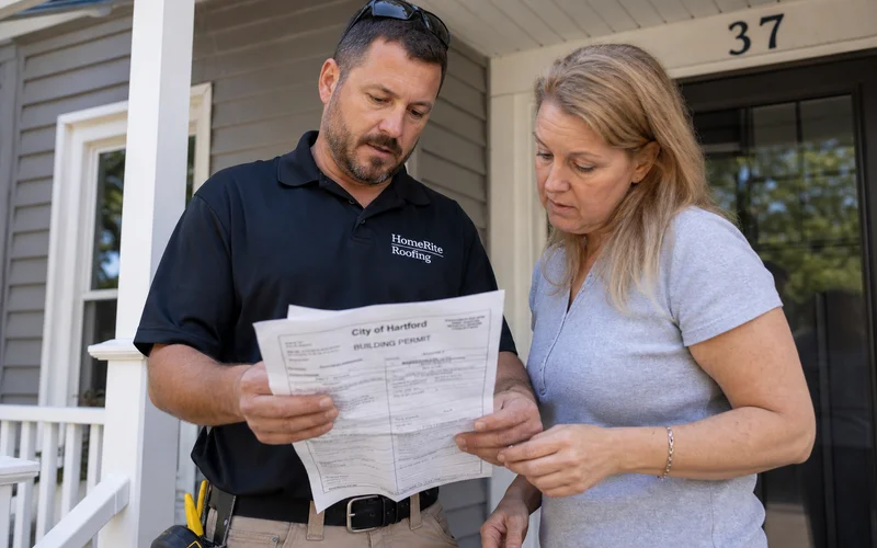 Roofer reviewing job-site permit paperwork with homeowner on a porch in Hartford County