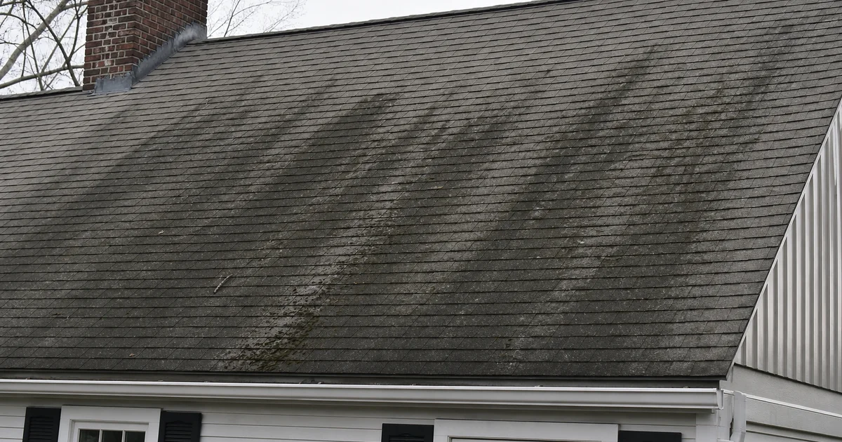 Asphalt shingle roof with visible dark algae streaks on north-facing slope