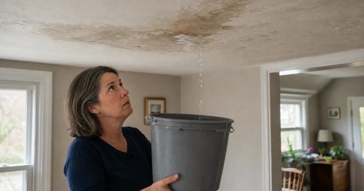 Homeowner placing a bucket under an active ceiling leak in a CT home