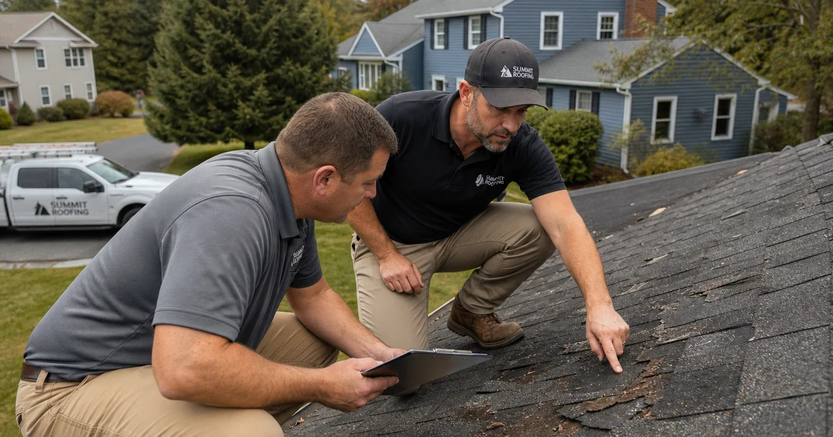 Insurance adjuster and roofing contractor reviewing roof damage together