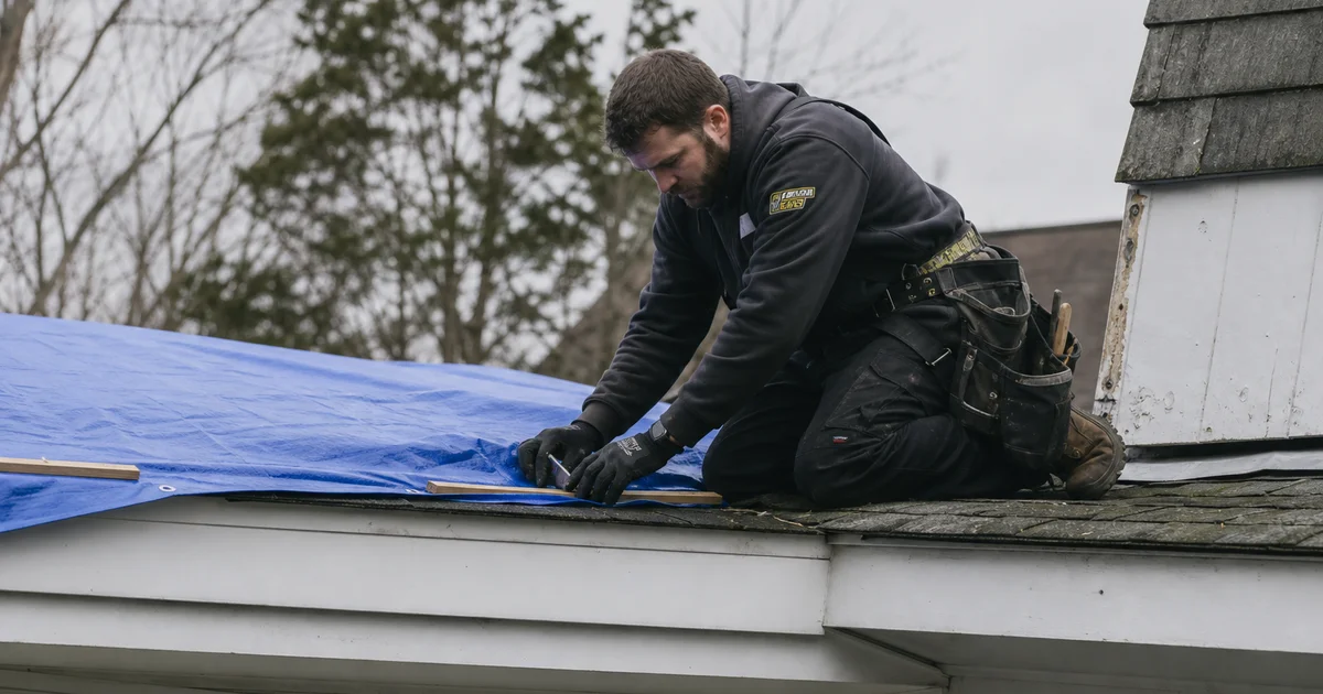 Professional roofer securing emergency tarp on a Connecticut residential roof