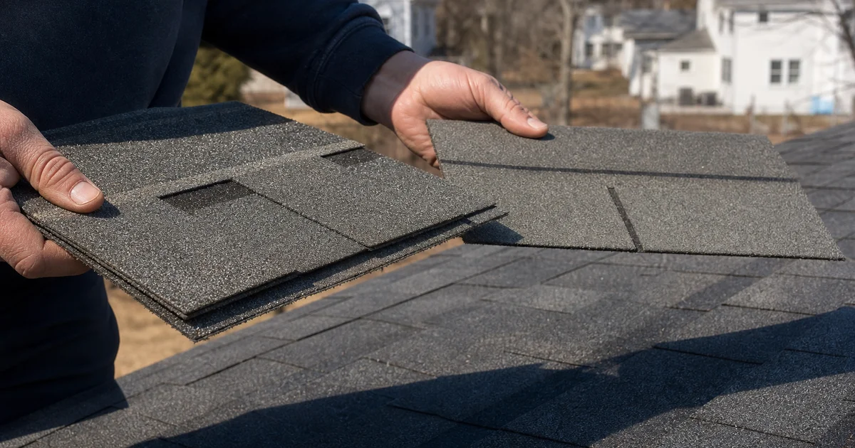 Side-by-side close-up: architectural dimensional shingle next to flat 3-tab shingle