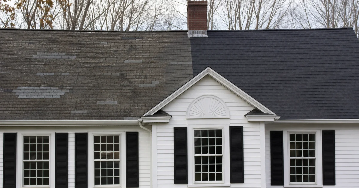 Split image: patched roof section vs full new shingles on the same Connecticut home