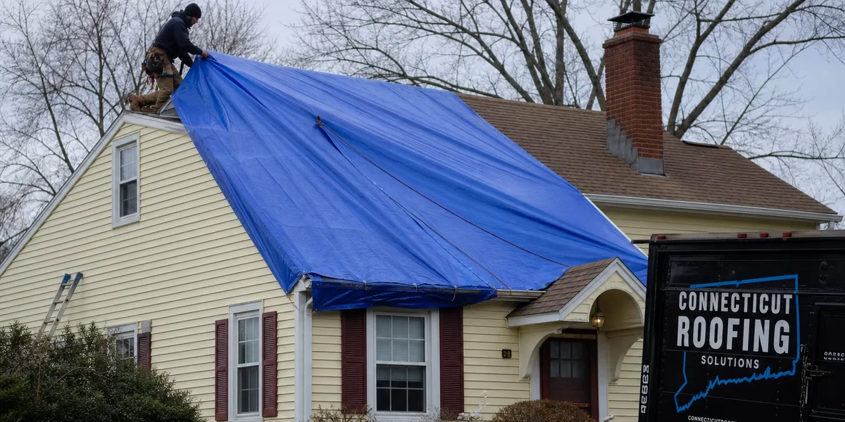 Connecticut roofer responding to active leak with same day tarp installation on residential home