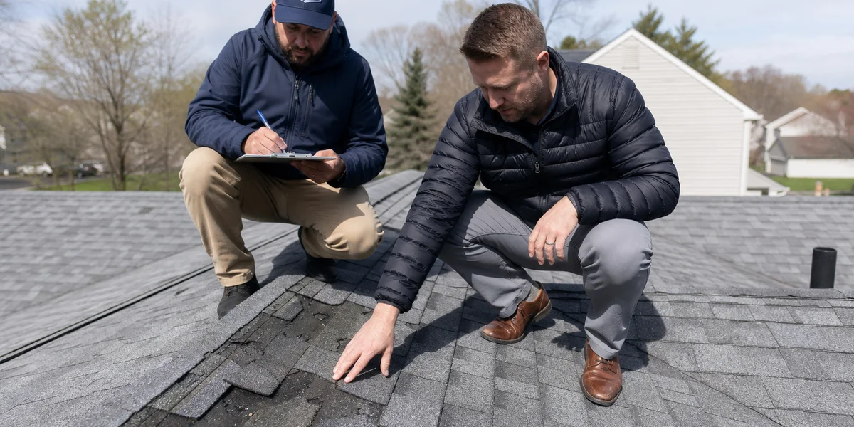 Insurance claim adjuster meeting on Connecticut residential roof with contractor documenting hail damage for scope of loss