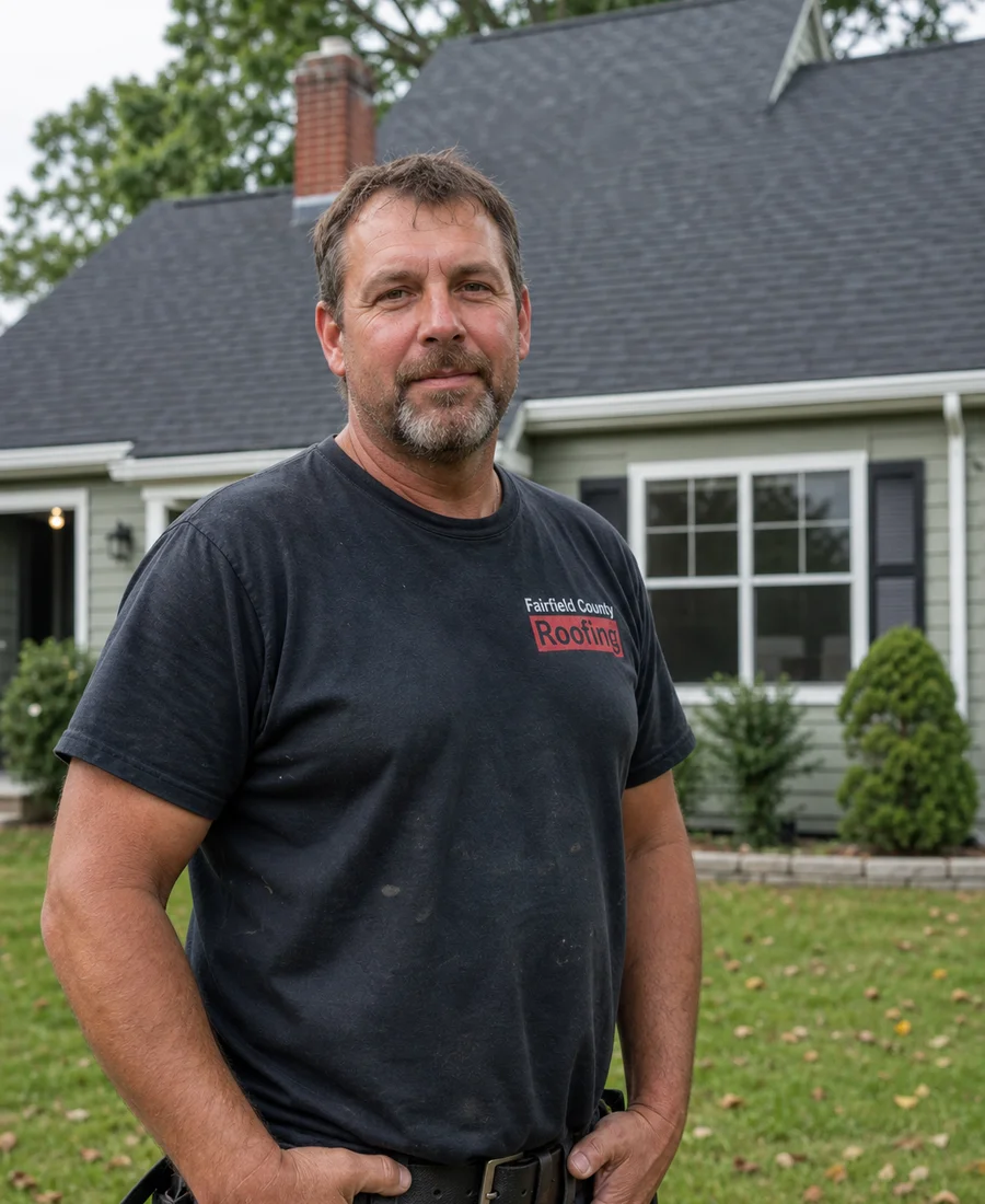 Newington Roofing Pros lead estimator standing in front of a completed residential roof