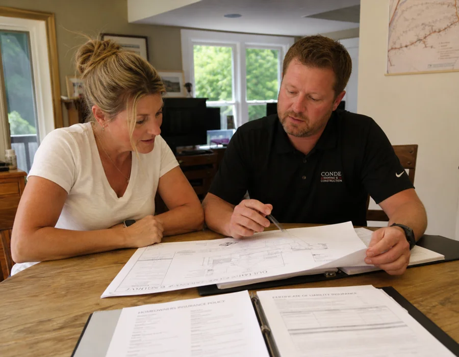 Professional consultant reviewing roofing blueprints and insurance documents with a homeowner