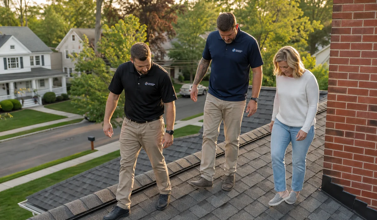 Our team walking a completed roof with a homeowner